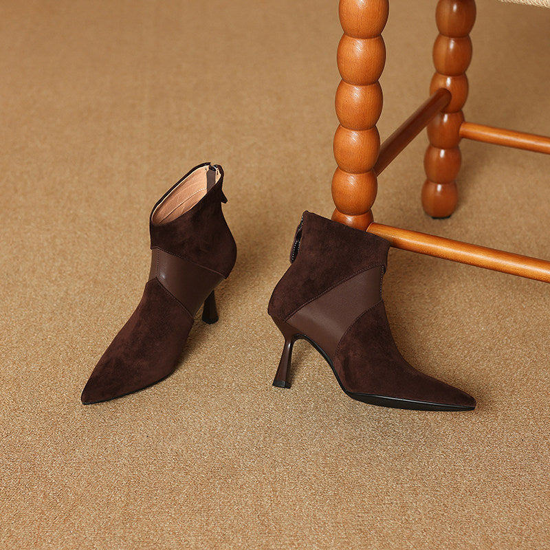 Women's Spliced Short Martin Boots – Suede Stiletto Heel Ankle Boots with Back Zipper