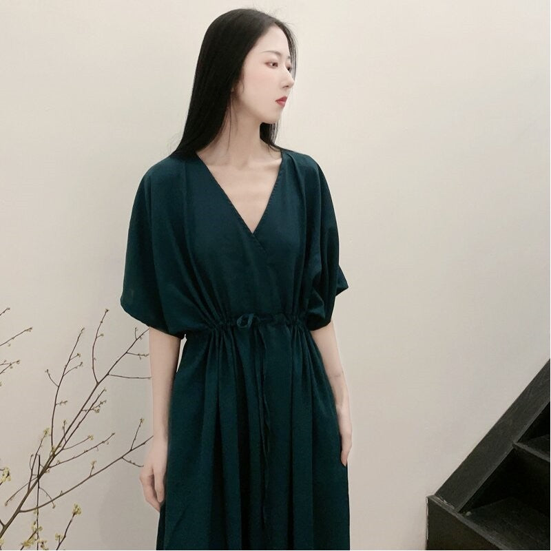 V-Neck Waist-Cinched Slim Fit Dress in Solid Color