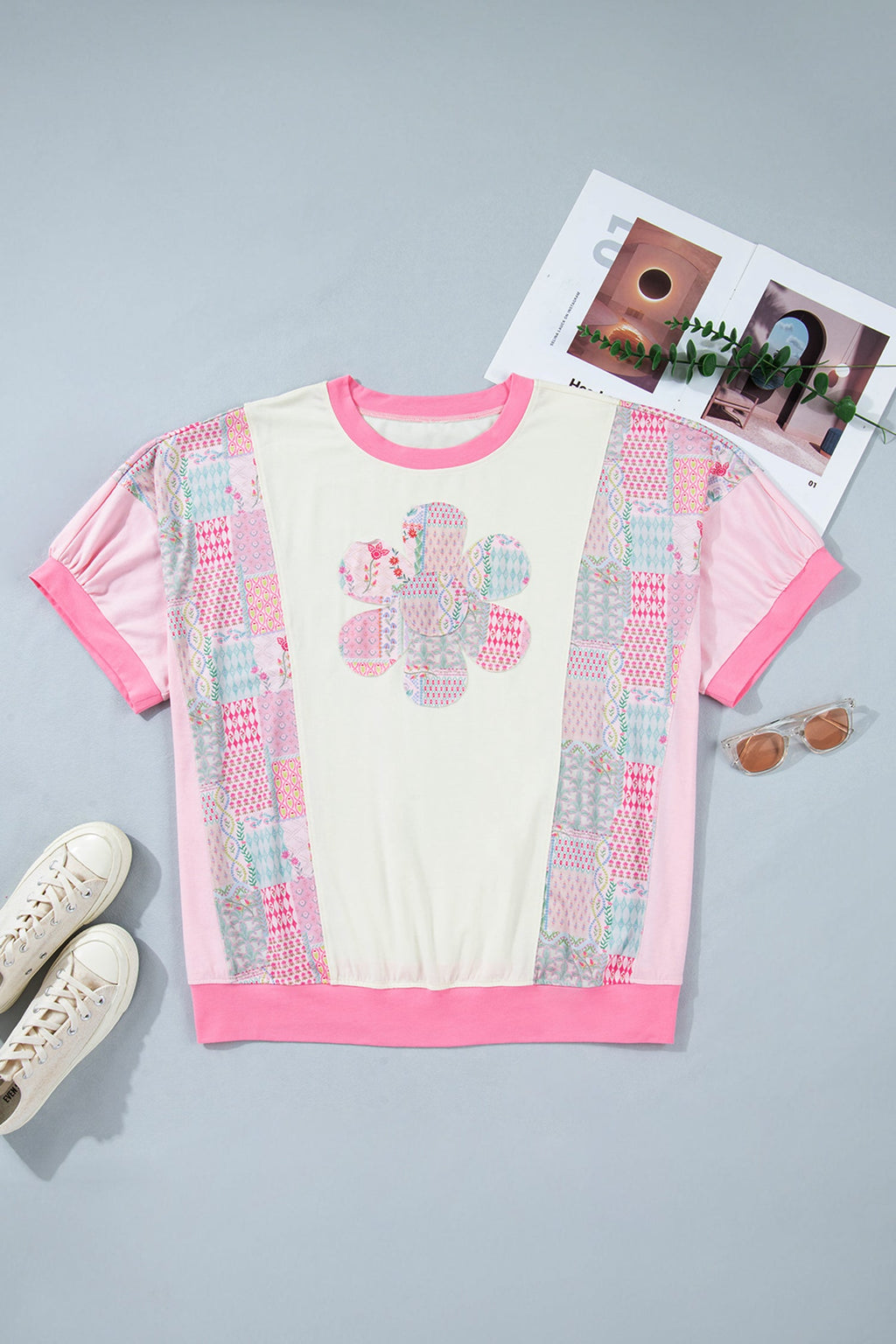 Beige Plus Size Floral Patchwork Short Sleeve Patch Embroidery Cotton T Shirt