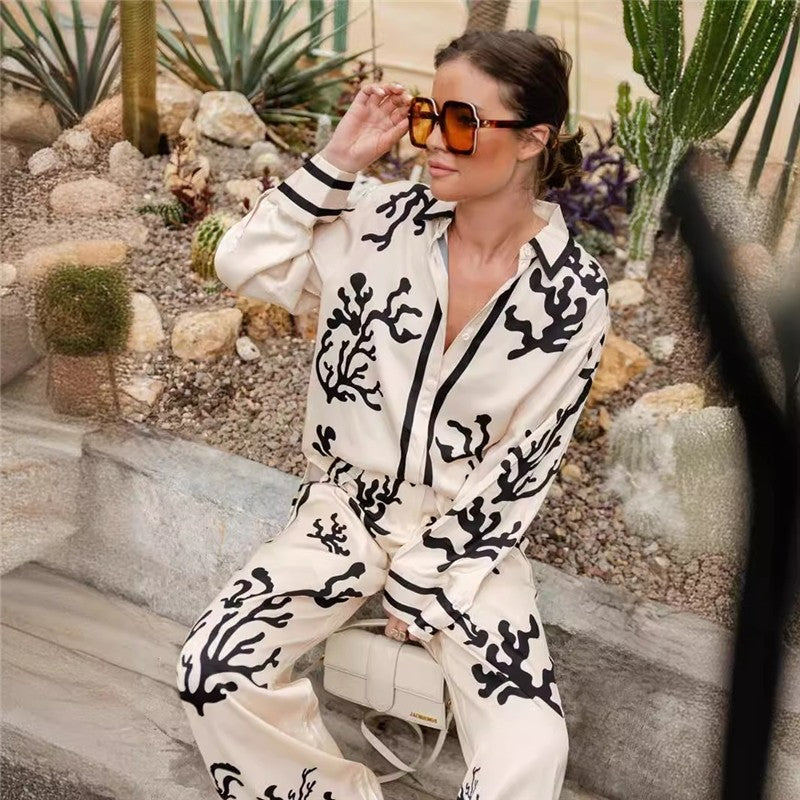 Chic Satin Color Block Printed Suit