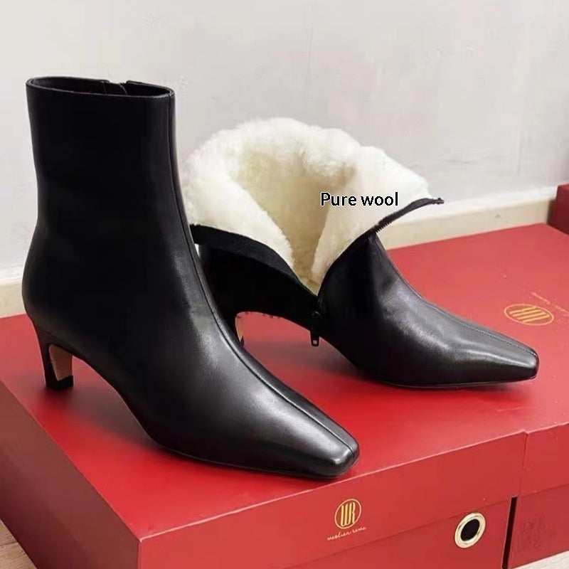 Women's Genuine Leather Snow Boots | Cowhide Sheepskin Wool-Lined Winter Stiletto Boots
