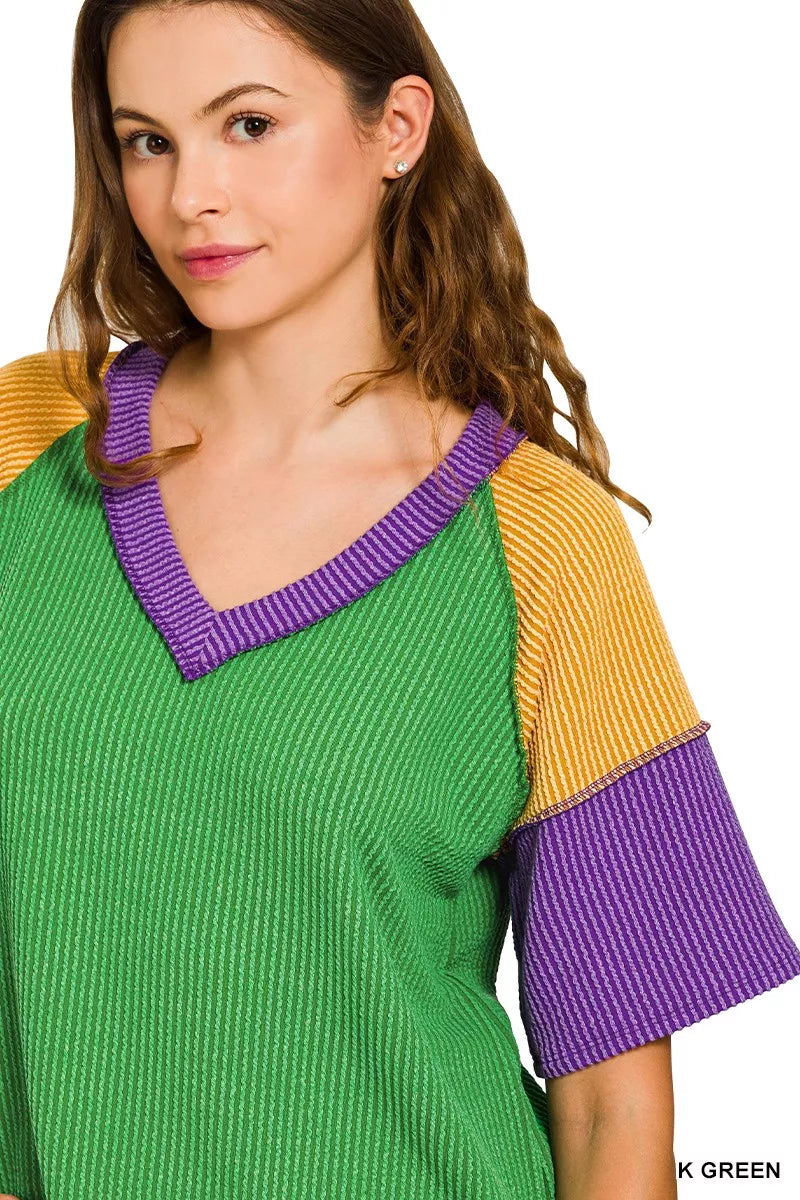 Mardi Gras Raised Rib Color Block Top