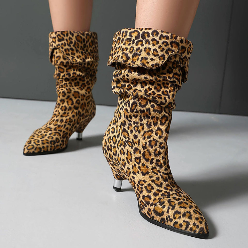 Women's Leopard Print Stiletto Heel Ankle Boots – Pointed Toe, Suede Upper, Turned-Over Cuffs