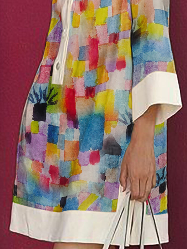 Long Sleeves Loose Printed Split-Joint Lapel Mini Dresses Shirt Dress