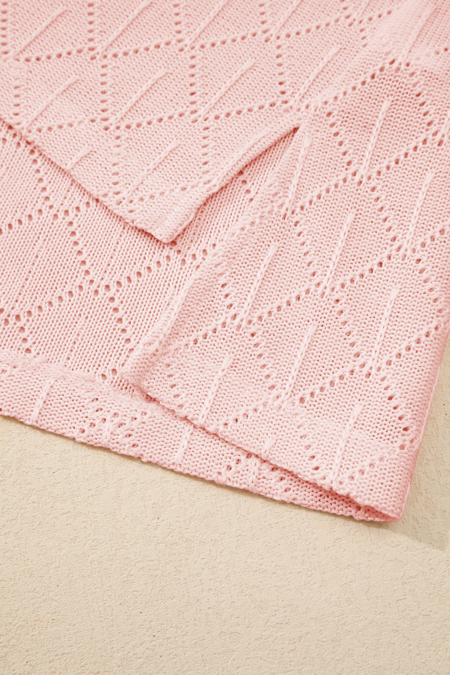 Light Pink Pointelle Rhombus Knit Plus Size V Neck Loose Top