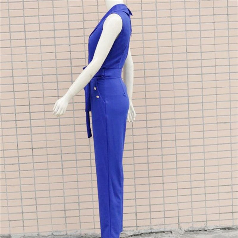 Solid Color V-Neck Sleeveless Jumpsuit - Professional Chic