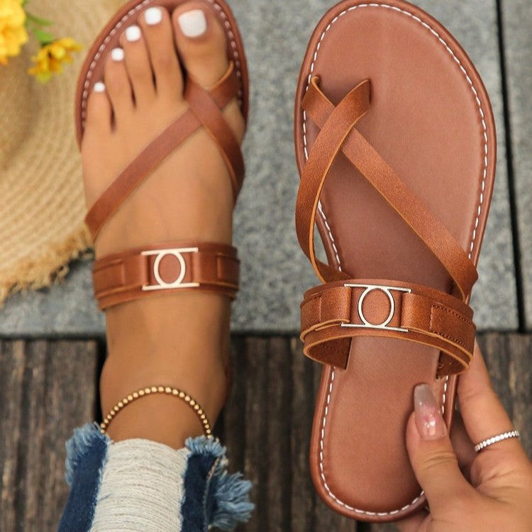 Women's Brown Flat Sandals | Round Toe Slip-On Casual Shoes | PU Leather Non-Slip