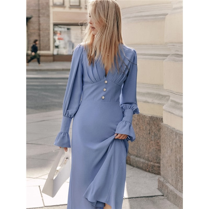 Vibrant V-Neck Midi Dress with Lantern Sleeves and High Waist
