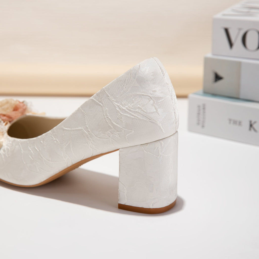 Women's Floral Block Heel Pumps | Square Toe Jacquard Dress Shoes