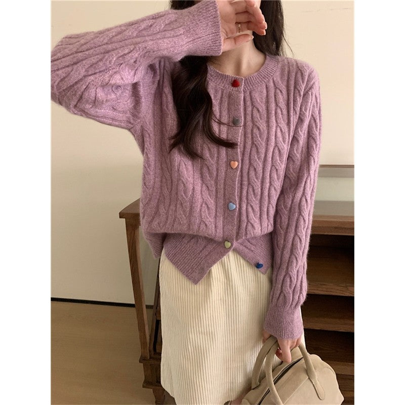 Solid Color Long Sleeve Heart Shaped Buttons Twists Cardigan Sweater