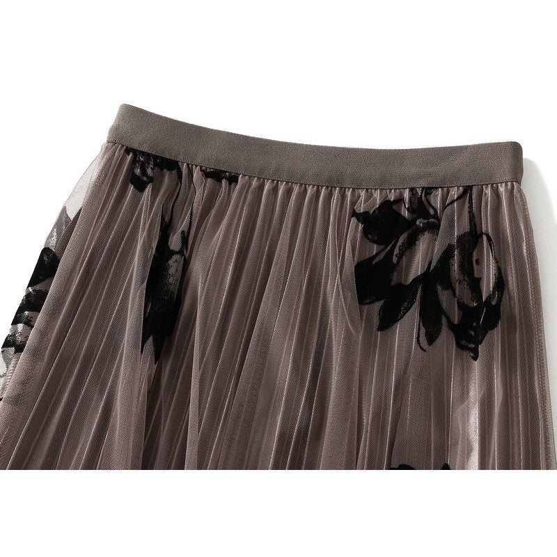 Floral Flock Mesh Patchwork A-Line Skirt