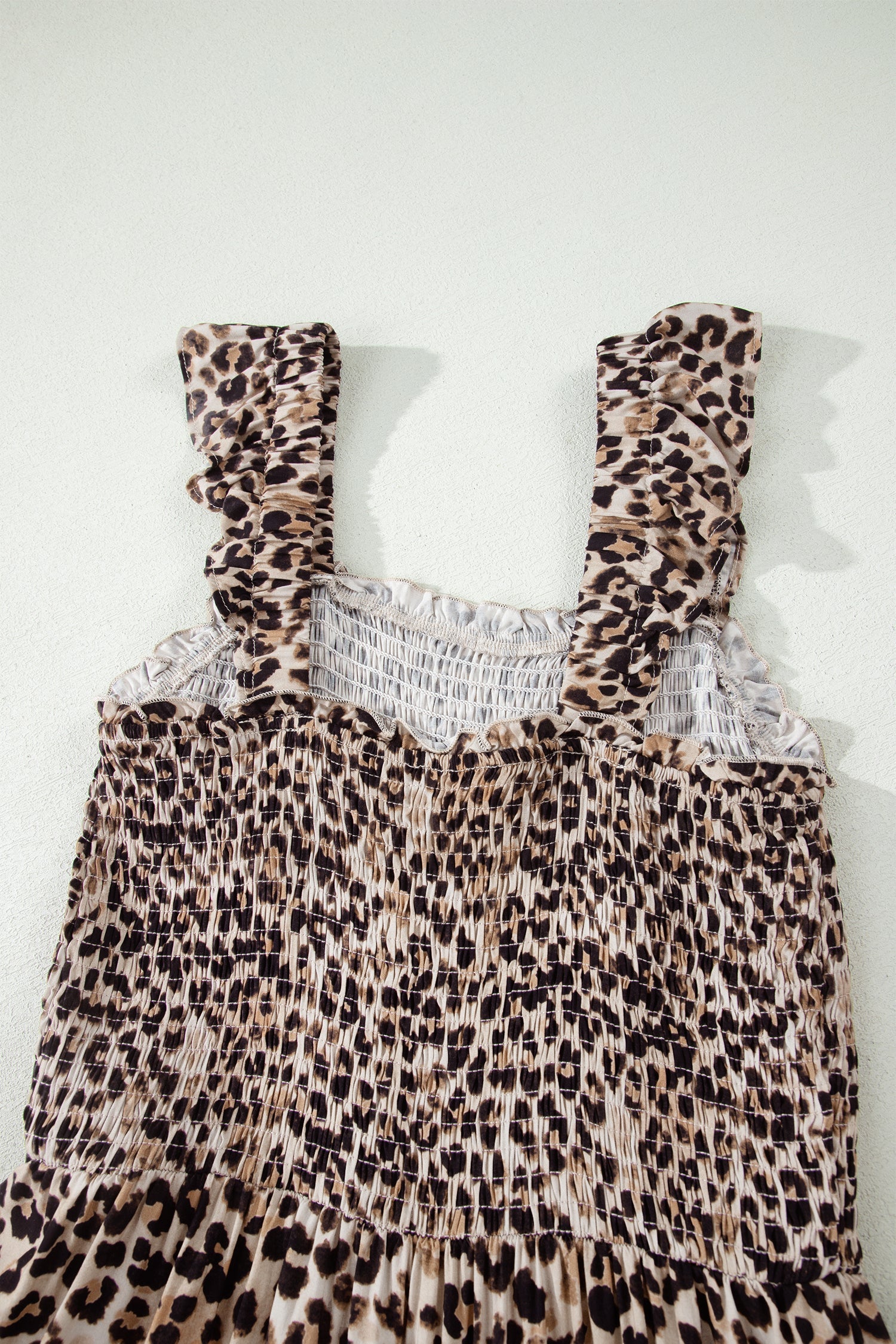 Brown Ruffled Straps Smocked Tiered Leopard Maxi Dress
