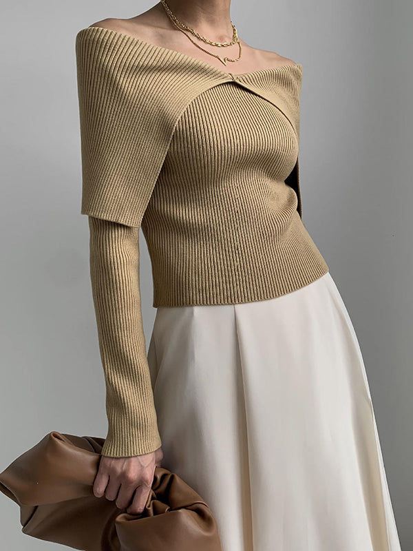 Long Sleeves Skinny Solid Color Lapel Knitted Hats Pullovers Sweater Tops