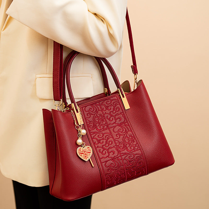 Red Embroidered Tote Bag - High Capacity PU Leather Shoulder Bag for Women