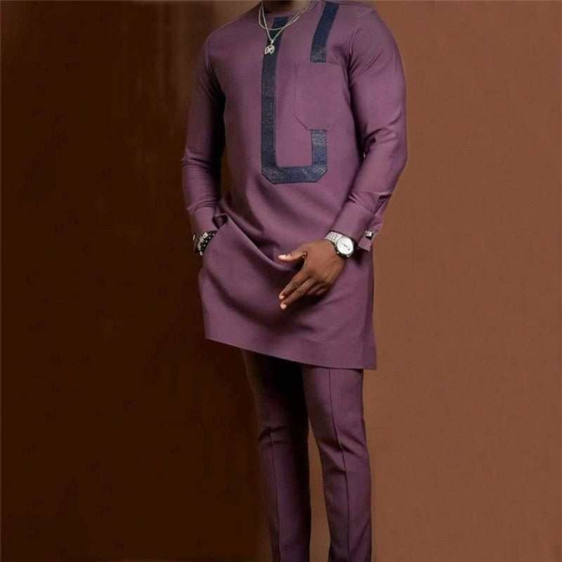 Printed Solid Color Long Sleeved Long Pants Men's Suit