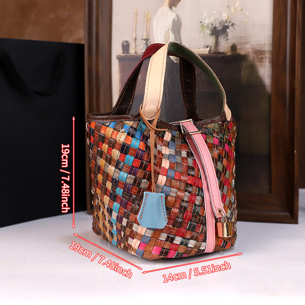Genuine Leather Crossbody Bucket Bag for Women - Minimalist Woven Bucket Bag with Adjustable Strap