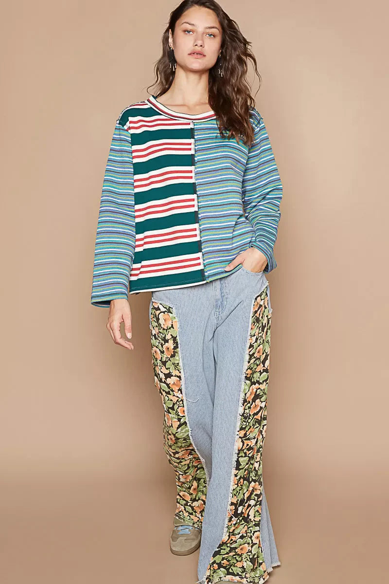 Color Block Striped Round Neck Long Sleeve T-Shirt