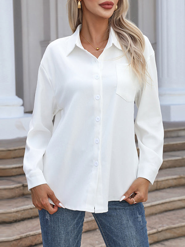 Long Sleeves Loose Solid Color Split-Joint Lapel Blouses