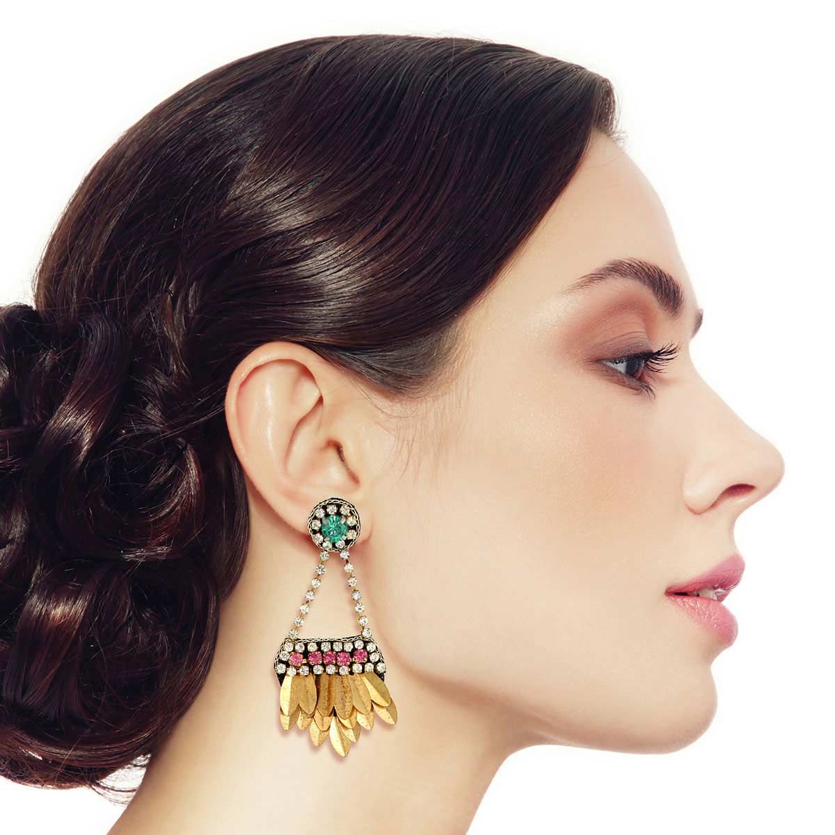 Statement Rhinestone Hanging Leaf Earrings Chic Fashion Jewelry