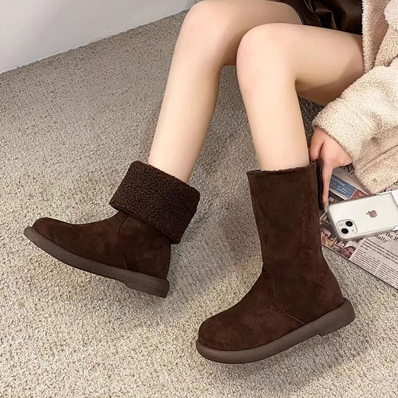 Women's Warm Mid-Calf Boots with Cotton Lining - Winter Slip-On Boots