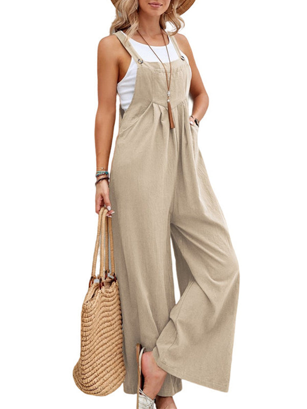 Loose Plus Size Pleated Split-Joint Spaghetti-Neck Overalls