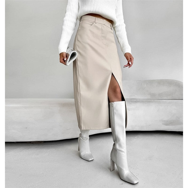 Retro High-Waisted PU Leather Skirt with Split Design