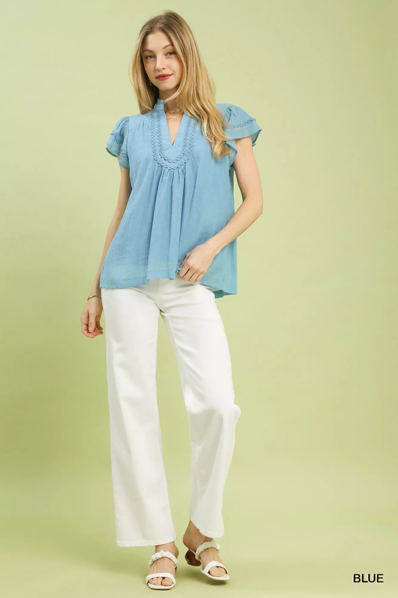 Scalloped Trim Flutter Sleeve Top