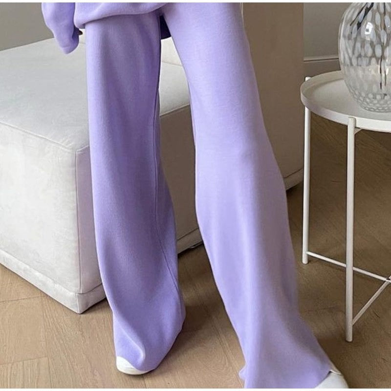 Casual Loose Knitted Two-Piece Set with Solid Color Long Sleeve Top and Pants