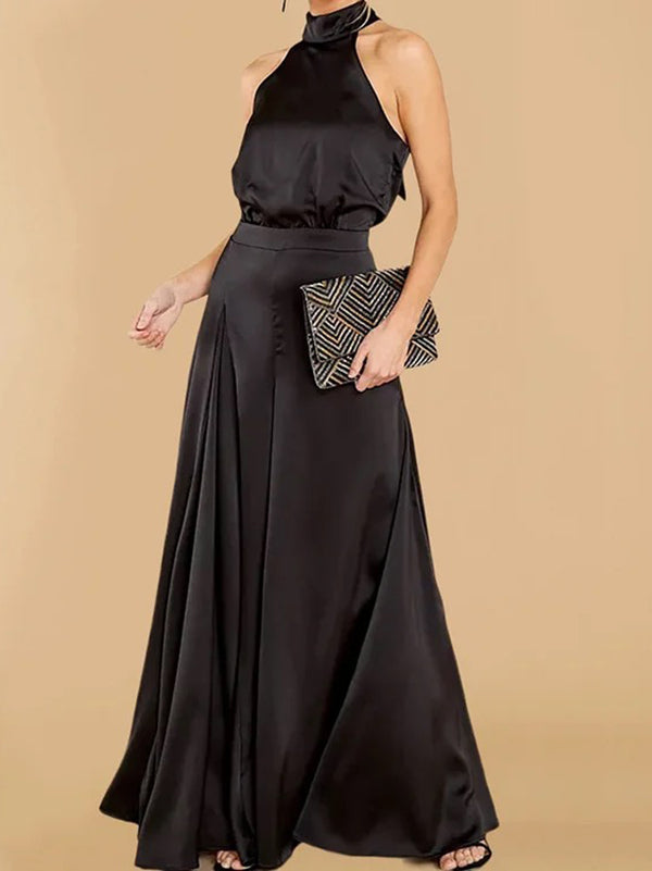 Loose Sleeveless Pockets Solid Color Tied Zipper Halter-Neck Jumpsuits