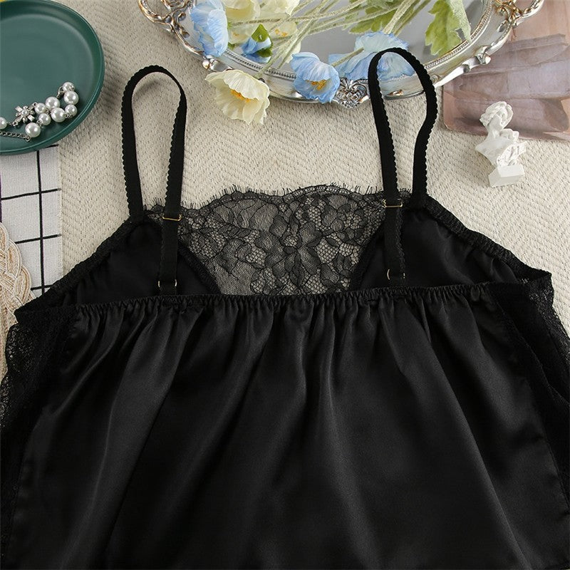 Lace-Trimmed Black Camisole and Shorts Pajama Set