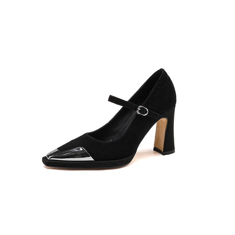 Women's Retro Square Toe Mary Jane Heels with Buckle Strap - Chunky High Heel Pumps