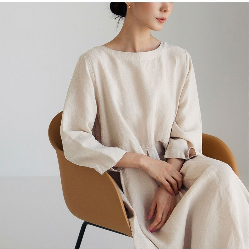 Plus Size Round Neck Solid Color Over-The-Knee Dress