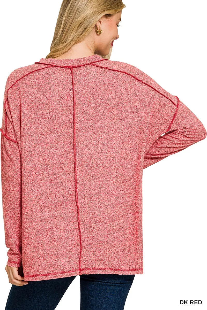 Full Size Melange Hacci Exposed Seam Hi-low Tee Plus Size