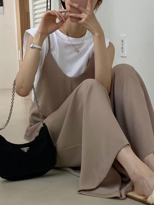 Wide Leg Solid Color Spaghetti-Neck Overalls