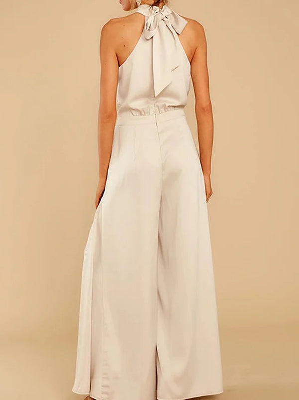 Loose Sleeveless Pockets Solid Color Tied Zipper Halter-Neck Jumpsuits