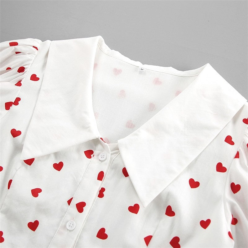 Printed Bubble Sleeve Dress with Cinched Waist, Lapel, and Minimalist Styling