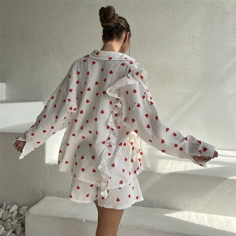 Heart Print Long Sleeve Lapel Single Breasted Top and Shorts Set - Cute Loungewear