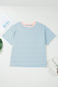 Sky Blue Stripe Plus Size Drop Shoulder Contrast Trim Round Neck Tee