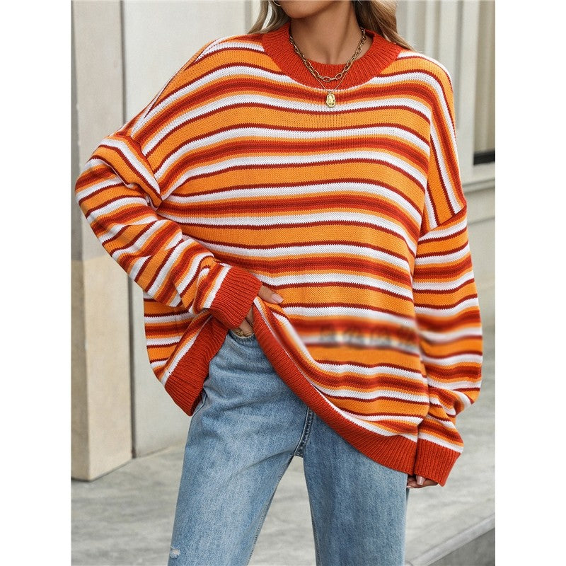 Long Sleeve Crewneck Contrast Color Striped Casual Loose Knitted Sweater