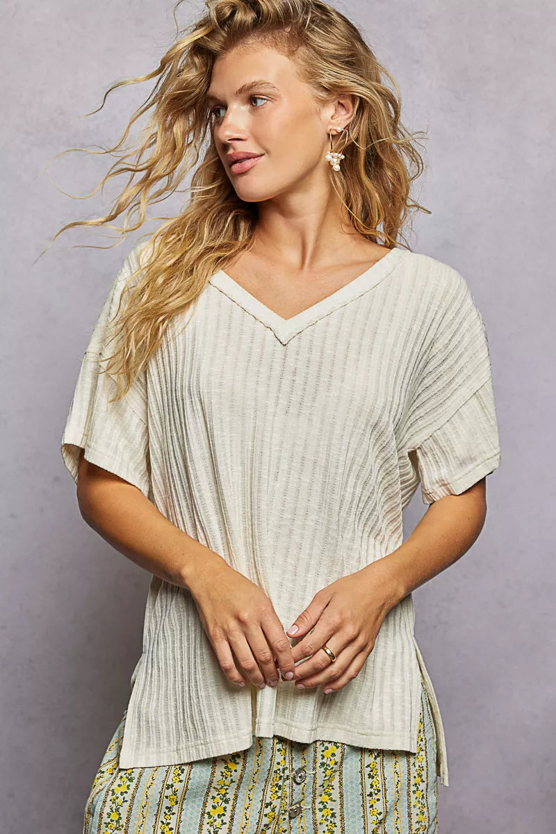 Ribbed Knit V-Neck Short Sleeve T-Shirt with Side Slit