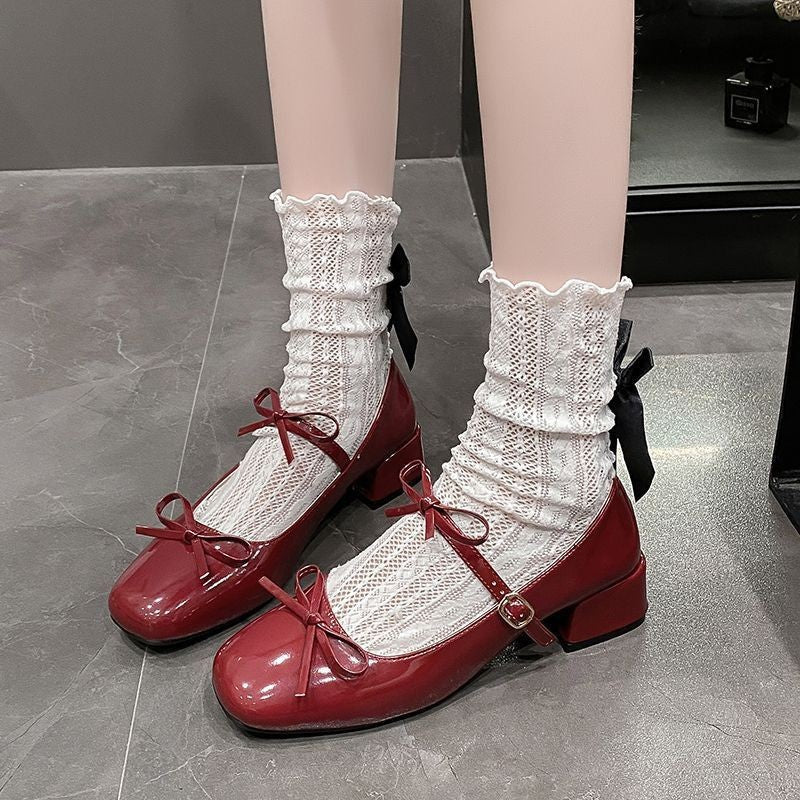 Women's Square-Toe Mary Jane Shoes with Bow - Chunky Heel Dress Shoes