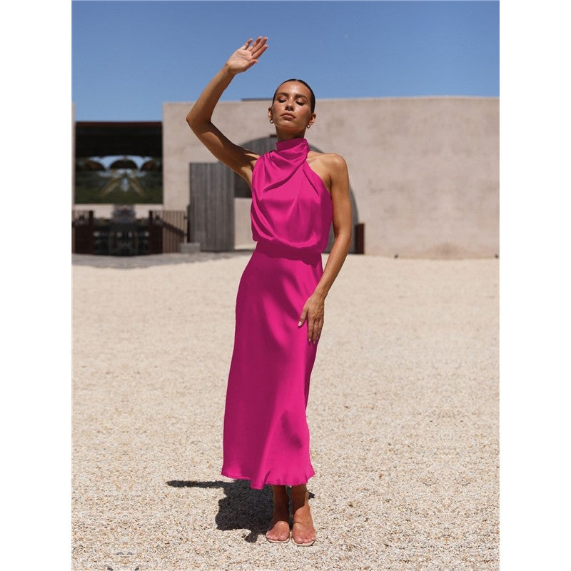Solid Color Half Turtleneck Sleeveless Satin Dress