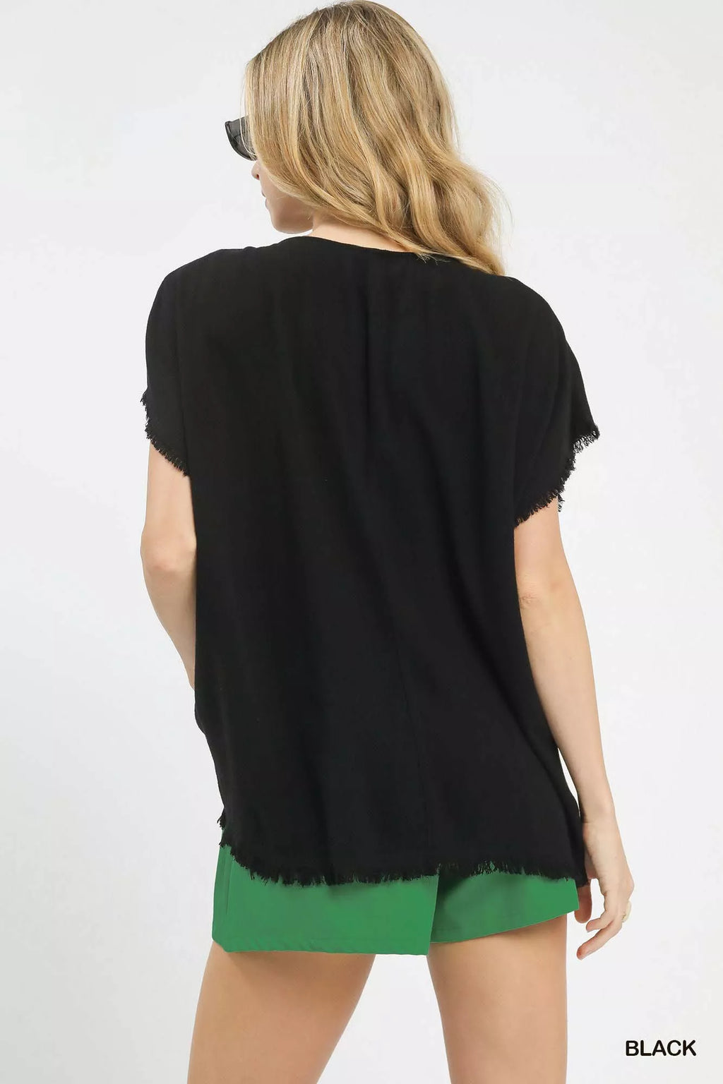 Linen Blend Embroidered Frayed Hem Top