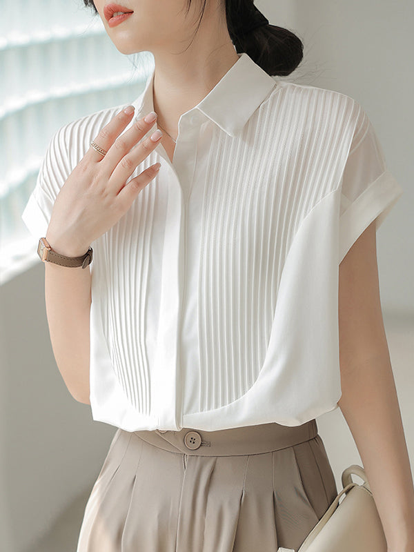 Loose Short Sleeves Buttoned Pleated Solid Color Split-Joint Lapel Blouses&Shirts Tops