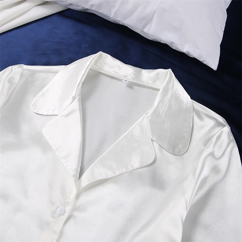 Solid Color Long Sleeve Lapel Buttoned Blouse and Side Slit Pants Two-Piece Homewear Pajama Set