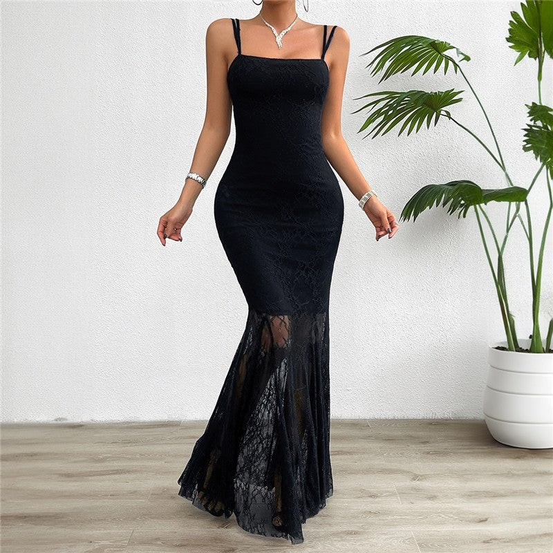 Stylish Lace Sling Dress in Solid Color