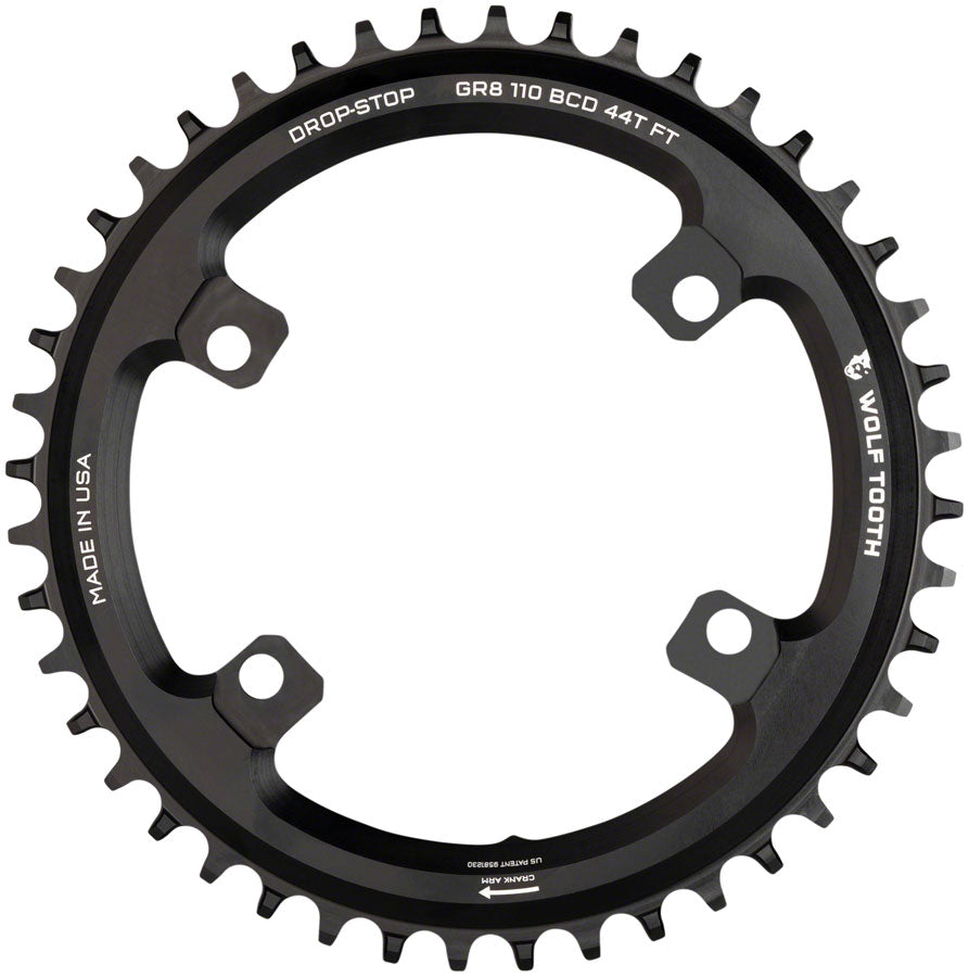 Wolf Tooth Shimano 110 Asymmetric BCD Chainring - 44t 110 Asymmetric BCD 4-Bolt Drop-Stop B For Shimano GRX Cranks BLK