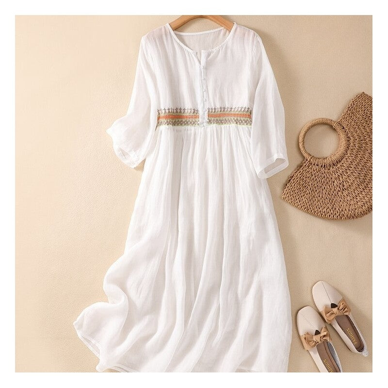 Flowy Bohemian Embroidered Round Neck Midi Dress