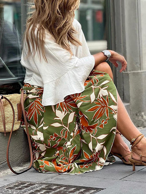 High Waisted Loose Elasticity Flower Print Pleated Split-Joint Skirts Bottoms