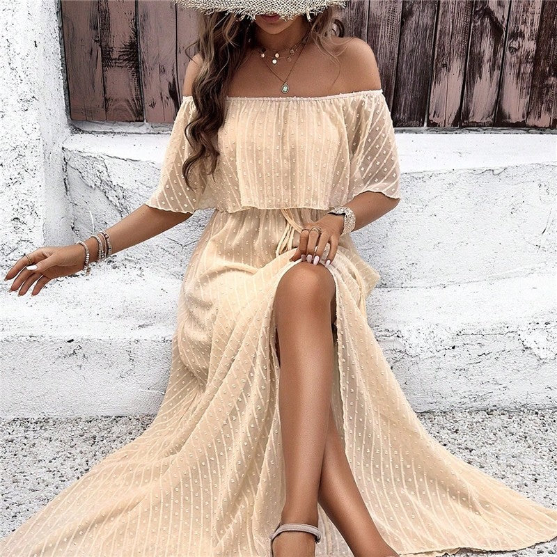 Chic Off-Shoulder Slit Dress in Solid Color